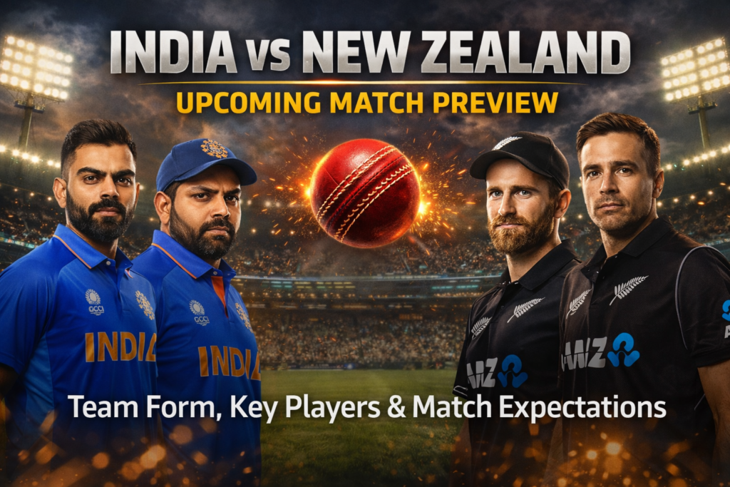 India vs New Zealand upcoming match preview showing both teams ahead of their high-intensity cricket clash.